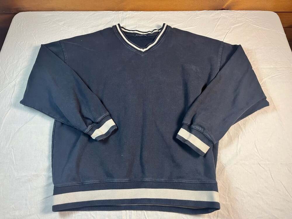 Brandy Melville Navy Blue V-Neck Varsity Sweatshirt with White Striped Trim